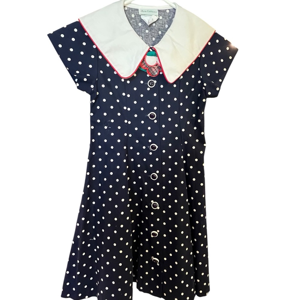 SOLDRare Editions VTG Blue Polka Dot Dress White Collar Girls Size 8 Made in USA